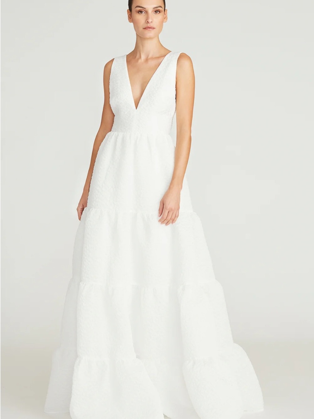 Theia - NWT - Regina White Tiered Gown Textured Maxi Dress size 8